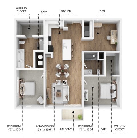 Floor plan for 2 beds, 2 baths, 1250 sqft